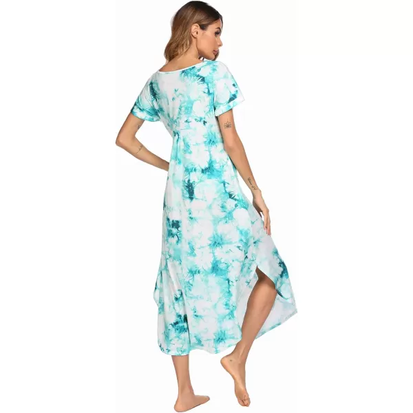 Ekouaer Nightgowns for Women V Neck Nightshirts Short Sleeve Soft Sleepwear Side Split Pockets Long Nightdress S3XLPat3 Tie Dye