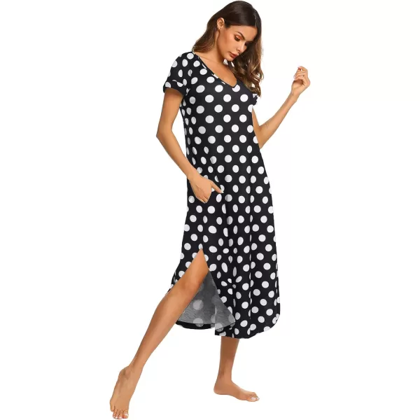 Ekouaer Nightgowns for Women V Neck Nightshirts Short Sleeve Soft Sleepwear Side Split Pockets Long Nightdress S3XLPat8 Black With White Dots