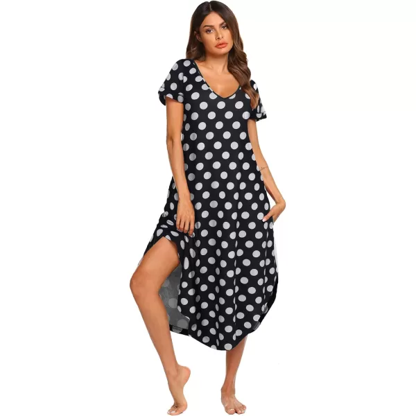 Ekouaer Nightgowns for Women V Neck Nightshirts Short Sleeve Soft Sleepwear Side Split Pockets Long Nightdress S3XLPat8 Black With White Dots