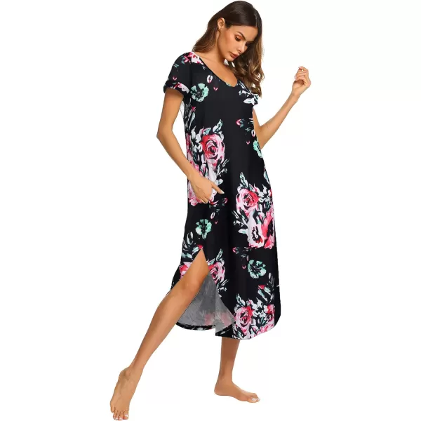 Ekouaer Nightgowns for Women V Neck Nightshirts Short Sleeve Soft Sleepwear Side Split Pockets Long Nightdress S3XLPat9 Black With Flower