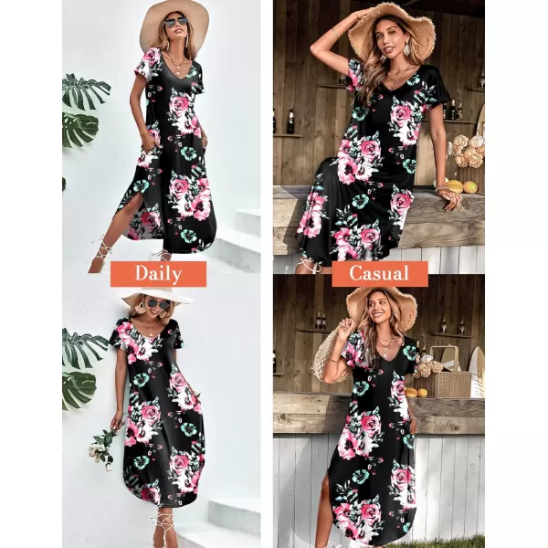 Ekouaer Nightgowns for Women V Neck Nightshirts Short Sleeve Soft Sleepwear Side Split Pockets Long Nightdress S3XLPat9 Black With Flower