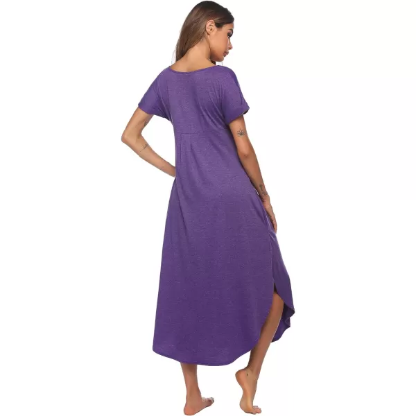 Ekouaer Nightgowns for Women V Neck Nightshirts Short Sleeve Soft Sleepwear Side Split Pockets Long Nightdress S3XLPurple