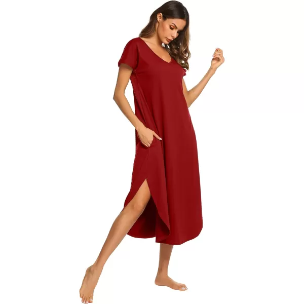 Ekouaer Nightgowns for Women V Neck Nightshirts Short Sleeve Soft Sleepwear Side Split Pockets Long Nightdress S3XLRed