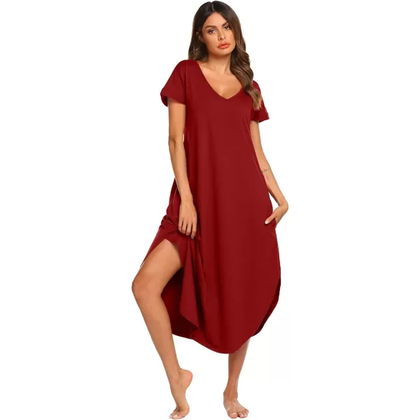 Ekouaer Nightgowns for Women V Neck Nightshirts Short Sleeve Soft Sleepwear Side Split Pockets Long Nightdress S3XLRed
