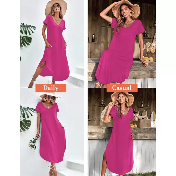 Ekouaer Nightgowns for Women V Neck Nightshirts Short Sleeve Soft Sleepwear Side Split Pockets Long Nightdress S3XLRose Red