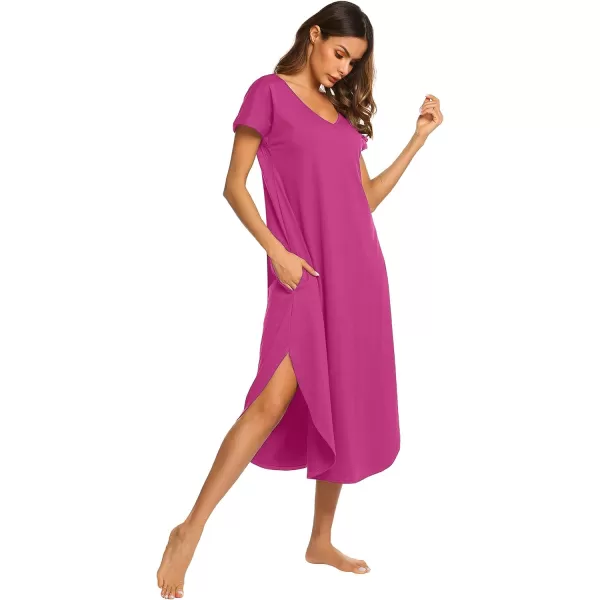 Ekouaer Nightgowns for Women V Neck Nightshirts Short Sleeve Soft Sleepwear Side Split Pockets Long Nightdress S3XLRose Red