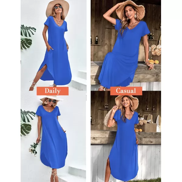 Ekouaer Nightgowns for Women V Neck Nightshirts Short Sleeve Soft Sleepwear Side Split Pockets Long Nightdress S3XLSnorkel Blue