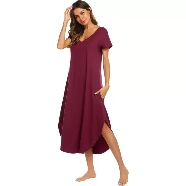 Ekouaer Nightgowns for Women V Neck Nightshirts Short Sleeve Soft Sleepwear Side Split Pockets Long Nightdress S3XLWine Red