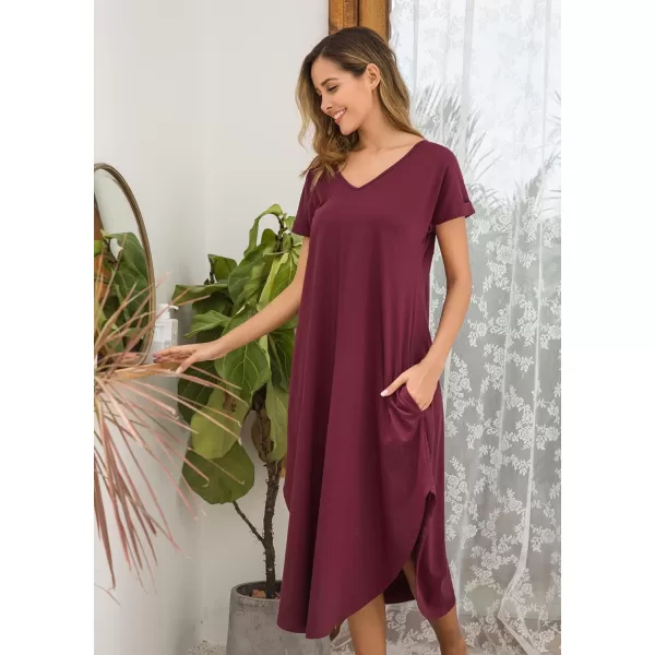 Ekouaer Nightgowns for Women V Neck Nightshirts Short Sleeve Soft Sleepwear Side Split Pockets Long Nightdress S3XLWine Red