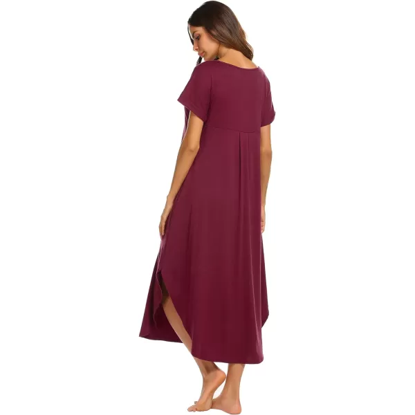 Ekouaer Nightgowns for Women V Neck Nightshirts Short Sleeve Soft Sleepwear Side Split Pockets Long Nightdress S3XLWine Red