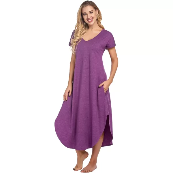 Ekouaer Nightgowns for Women V Neck Nightshirts Short Sleeve Soft Sleepwear Side Split Pockets Long Nightdress S3XLWineberry