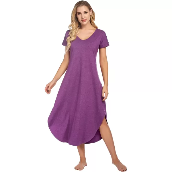 Ekouaer Nightgowns for Women V Neck Nightshirts Short Sleeve Soft Sleepwear Side Split Pockets Long Nightdress S3XLWineberry