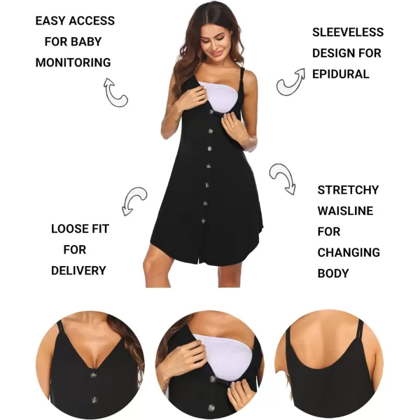 Ekouaer Nursing Nightgown Womens Maternity Dress Button Down Nightdress Sleeveless Breastfeeding Sleepwear Hospital GownBlack