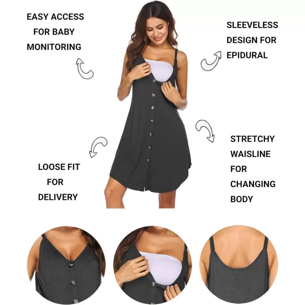 Ekouaer Nursing Nightgown Womens Maternity Dress Button Down Nightdress Sleeveless Breastfeeding Sleepwear Hospital GownDark Grey