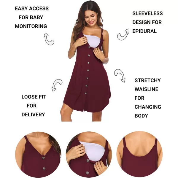 Ekouaer Nursing Nightgown Womens Maternity Dress Button Down Nightdress Sleeveless Breastfeeding Sleepwear Hospital GownDark Red