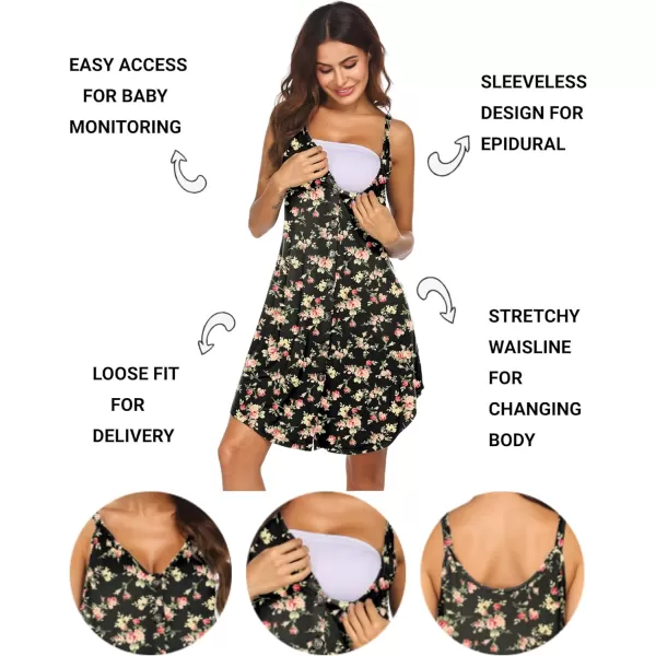 Ekouaer Nursing Nightgown Womens Maternity Dress Button Down Nightdress Sleeveless Breastfeeding Sleepwear Hospital GownFloral Black