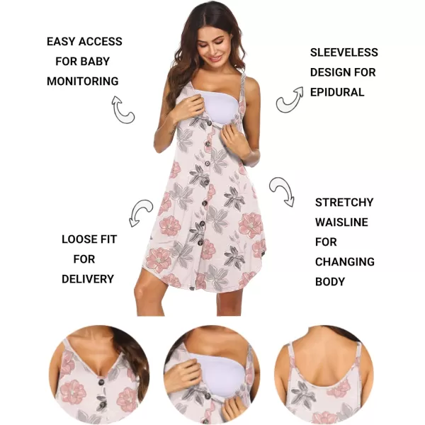 Ekouaer Nursing Nightgown Womens Maternity Dress Button Down Nightdress Sleeveless Breastfeeding Sleepwear Hospital GownFloral White