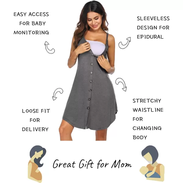 Ekouaer Nursing Nightgown Womens Maternity Dress Button Down Nightdress Sleeveless Breastfeeding Sleepwear Hospital GownGrey