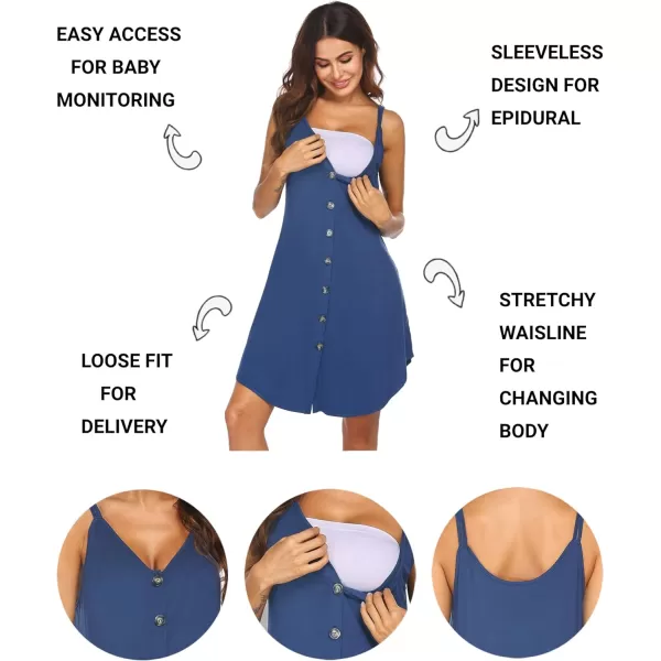 Ekouaer Nursing Nightgown Womens Maternity Dress Button Down Nightdress Sleeveless Breastfeeding Sleepwear Hospital GownNavy