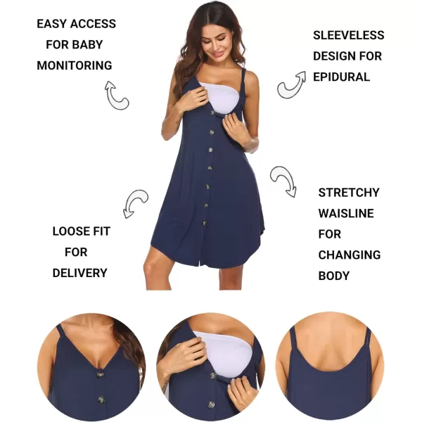 Ekouaer Nursing Nightgown Womens Maternity Dress Button Down Nightdress Sleeveless Breastfeeding Sleepwear Hospital GownNavy Blue