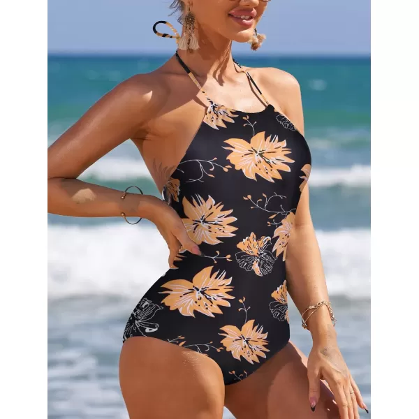 Ekouaer One Piece Swimsuit Halter High Neck Backless Womens Bathing Suit Tummy Control Swimwear SlimmingPat11 Orange Floral