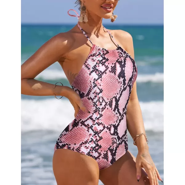 Ekouaer One Piece Swimsuit Halter High Neck Backless Womens Bathing Suit Tummy Control Swimwear SlimmingPat12 Snakeskin