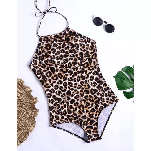 Ekouaer One Piece Swimsuit Halter High Neck Backless Womens Bathing Suit Tummy Control Swimwear SlimmingPat17 Leopard