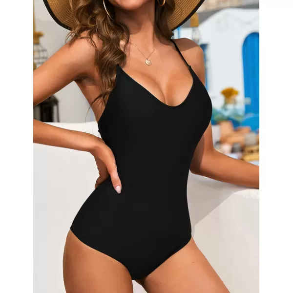 Ekouaer One Piece Swimsuits Women Bathing Suit V Neck Swimwear Tummy Control Monokini Cross Backless Swimming SuitsAblack