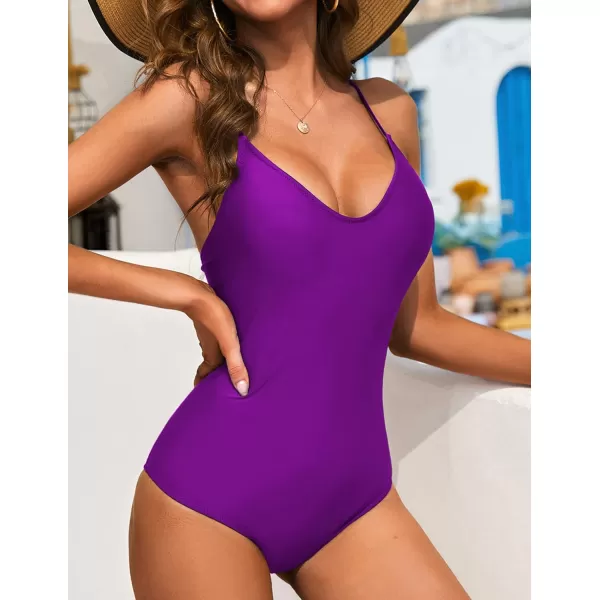 Ekouaer One Piece Swimsuits Women Bathing Suit V Neck Swimwear Tummy Control Monokini Cross Backless Swimming SuitsApurple
