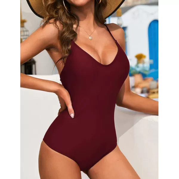Ekouaer One Piece Swimsuits Women Bathing Suit V Neck Swimwear Tummy Control Monokini Cross Backless Swimming SuitsAwine Red