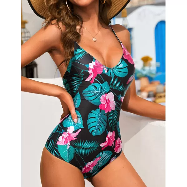 Ekouaer One Piece Swimsuits Women Bathing Suit V Neck Swimwear Tummy Control Monokini Cross Backless Swimming SuitsBlackampgreen Leaves