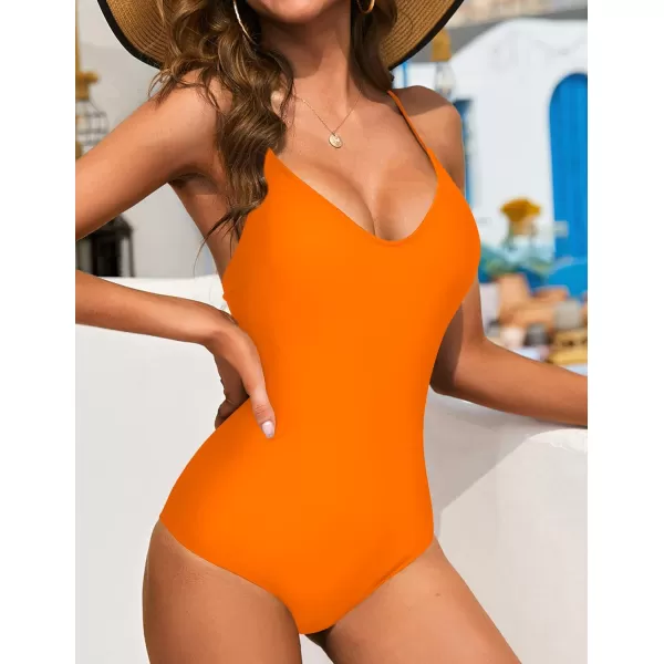 Ekouaer One Piece Swimsuits Women Bathing Suit V Neck Swimwear Tummy Control Monokini Cross Backless Swimming SuitsBright Orange
