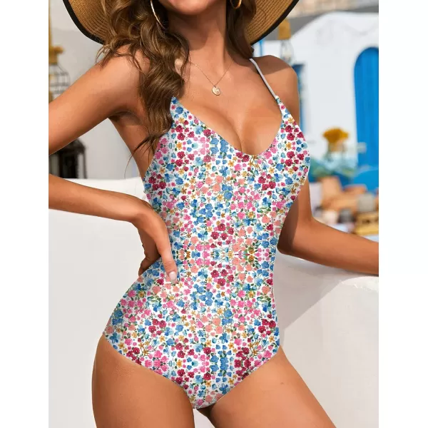 Ekouaer One Piece Swimsuits Women Bathing Suit V Neck Swimwear Tummy Control Monokini Cross Backless Swimming SuitsColorful Floral