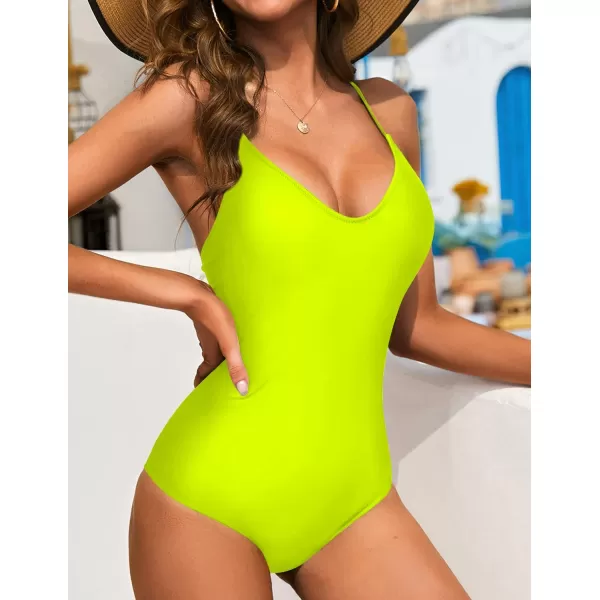 Ekouaer One Piece Swimsuits Women Bathing Suit V Neck Swimwear Tummy Control Monokini Cross Backless Swimming SuitsFluorescent Green