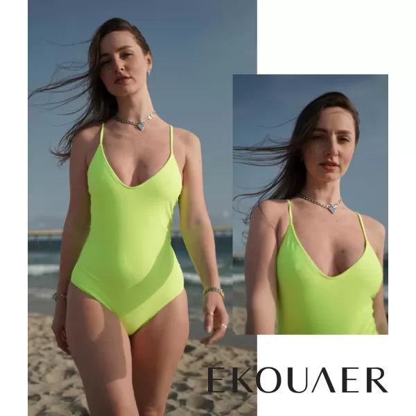 Ekouaer One Piece Swimsuits Women Bathing Suit V Neck Swimwear Tummy Control Monokini Cross Backless Swimming SuitsFluorescent Green
