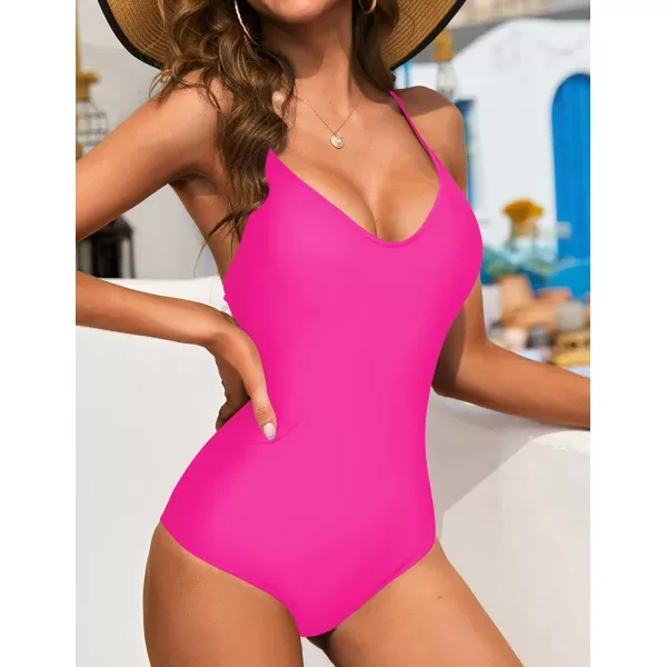 Ekouaer One Piece Swimsuits Women Bathing Suit V Neck Swimwear Tummy Control Monokini Cross Backless Swimming SuitsFluorescent Pink