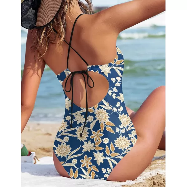 Ekouaer One Piece Swimsuits Women Bathing Suit V Neck Swimwear Tummy Control Monokini Cross Backless Swimming SuitsNavy Floral