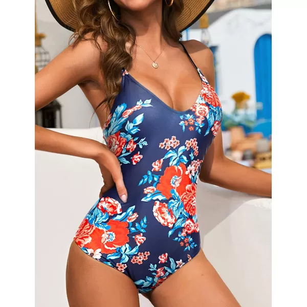 Ekouaer One Piece Swimsuits Women Bathing Suit V Neck Swimwear Tummy Control Monokini Cross Backless Swimming SuitsNavy Pat