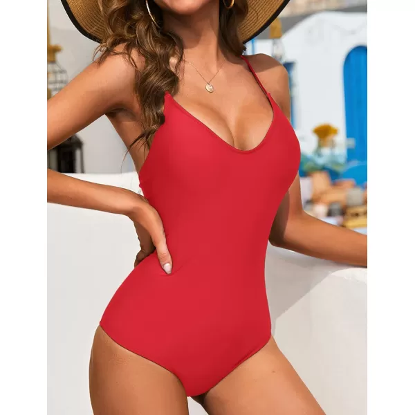 Ekouaer One Piece Swimsuits Women Bathing Suit V Neck Swimwear Tummy Control Monokini Cross Backless Swimming SuitsRed