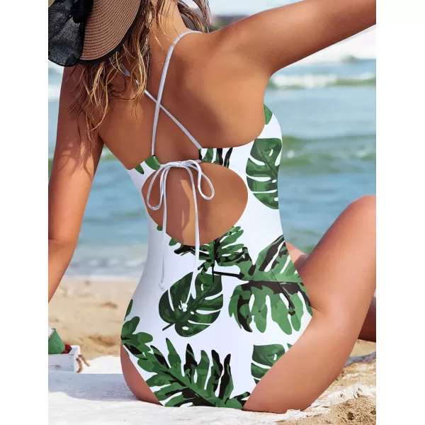 Ekouaer One Piece Swimsuits Women Bathing Suit V Neck Swimwear Tummy Control Monokini Cross Backless Swimming SuitsWhite Green