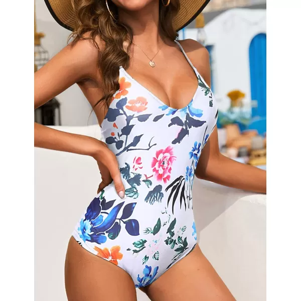 Ekouaer One Piece Swimsuits Women Bathing Suit V Neck Swimwear Tummy Control Monokini Cross Backless Swimming SuitsWhite Pat