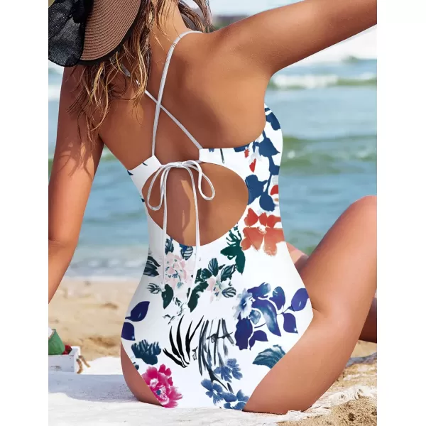 Ekouaer One Piece Swimsuits Women Bathing Suit V Neck Swimwear Tummy Control Monokini Cross Backless Swimming SuitsWhite Pat