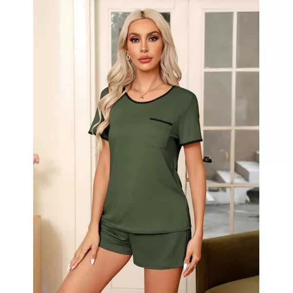 Ekouaer Pajama Set for Women 2 Piece Lounge Set Short Sleeve Tops and Shorts Soft Sleepwear Chest PocketArmy Green