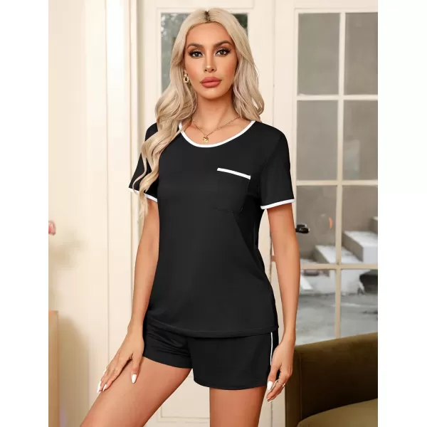 Ekouaer Pajama Set for Women 2 Piece Lounge Set Short Sleeve Tops and Shorts Soft Sleepwear Chest PocketBlack