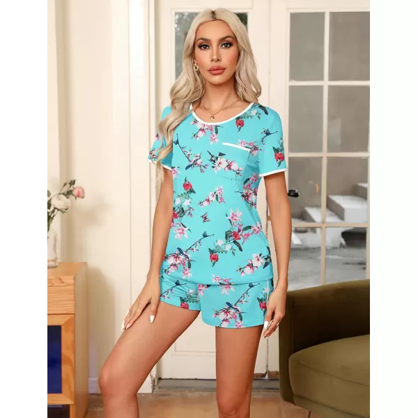 Ekouaer Pajama Set for Women 2 Piece Lounge Set Short Sleeve Tops and Shorts Soft Sleepwear Chest PocketBlue Flower