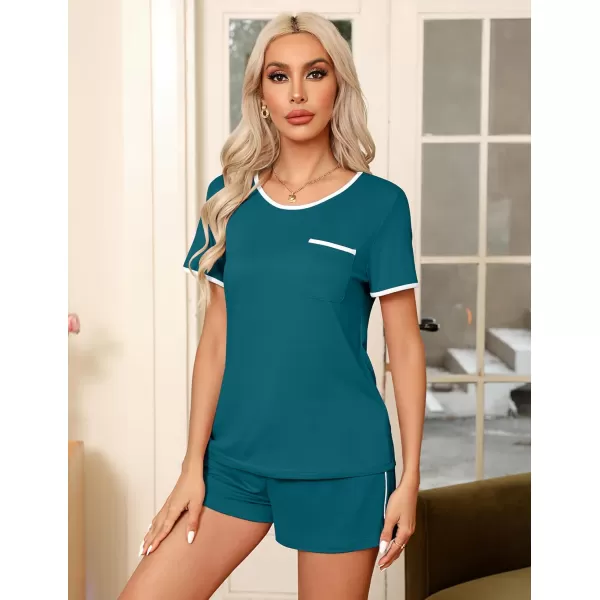 Ekouaer Pajama Set for Women 2 Piece Lounge Set Short Sleeve Tops and Shorts Soft Sleepwear Chest PocketBlue Green