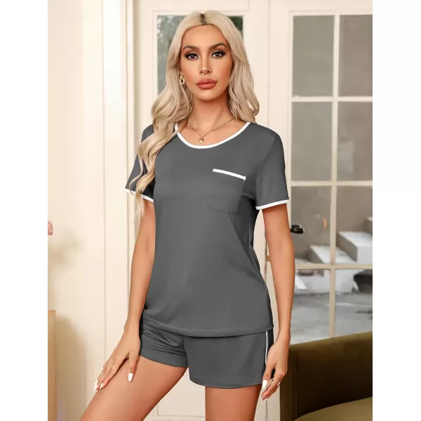 Ekouaer Pajama Set for Women 2 Piece Lounge Set Short Sleeve Tops and Shorts Soft Sleepwear Chest PocketDark Gray