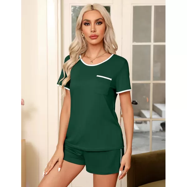 Ekouaer Pajama Set for Women 2 Piece Lounge Set Short Sleeve Tops and Shorts Soft Sleepwear Chest PocketDark Green