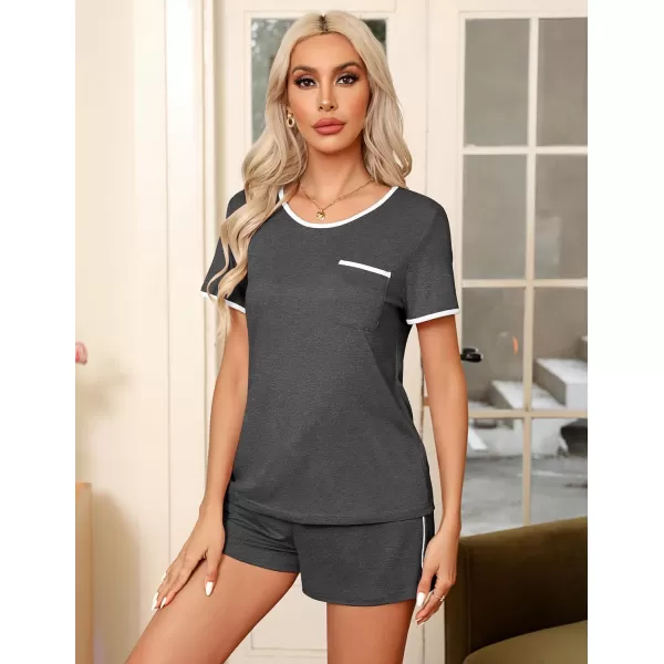 Ekouaer Pajama Set for Women 2 Piece Lounge Set Short Sleeve Tops and Shorts Soft Sleepwear Chest PocketGrey