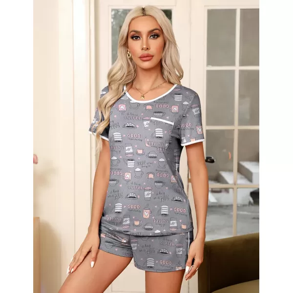 Ekouaer Pajama Set for Women 2 Piece Lounge Set Short Sleeve Tops and Shorts Soft Sleepwear Chest PocketGrey Coffee